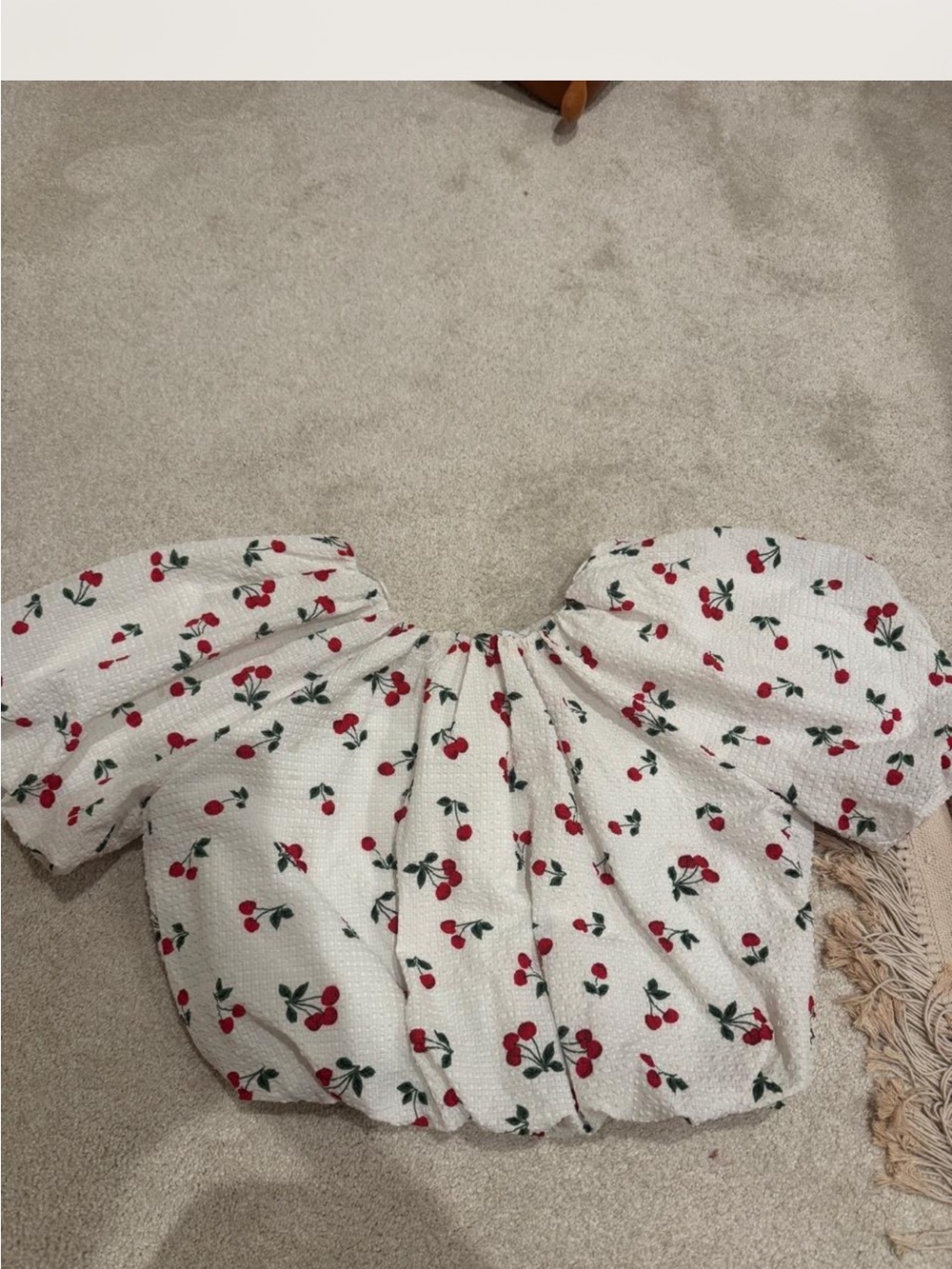 English Factory White Cherry-Print Puff Sleeve Crop Top